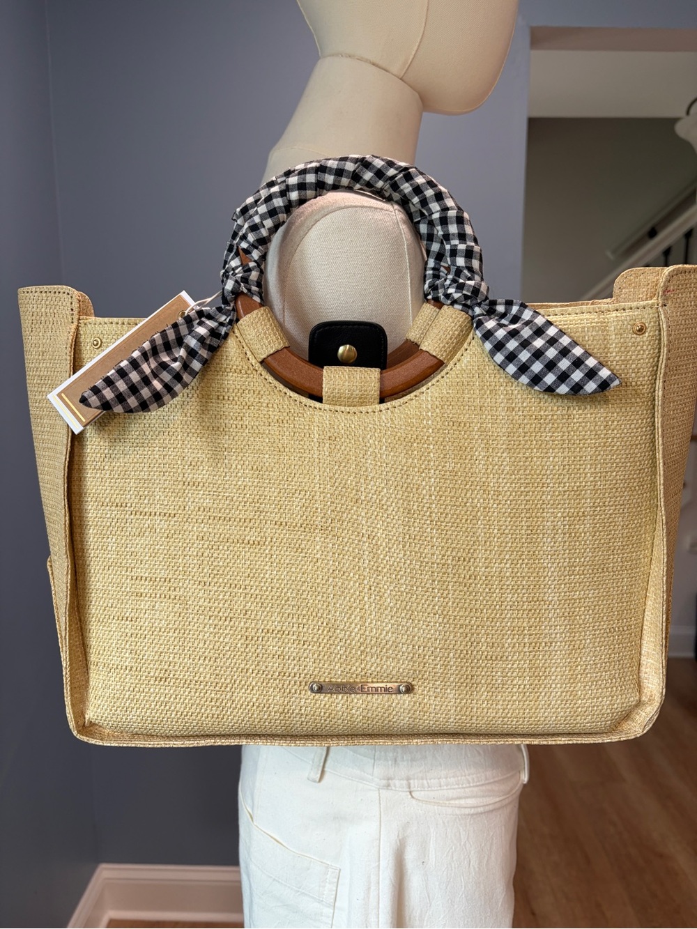 Abbie & Emmie Hamptons Weekend Straw Tote NWT Wooden Handles Gingham Scarf